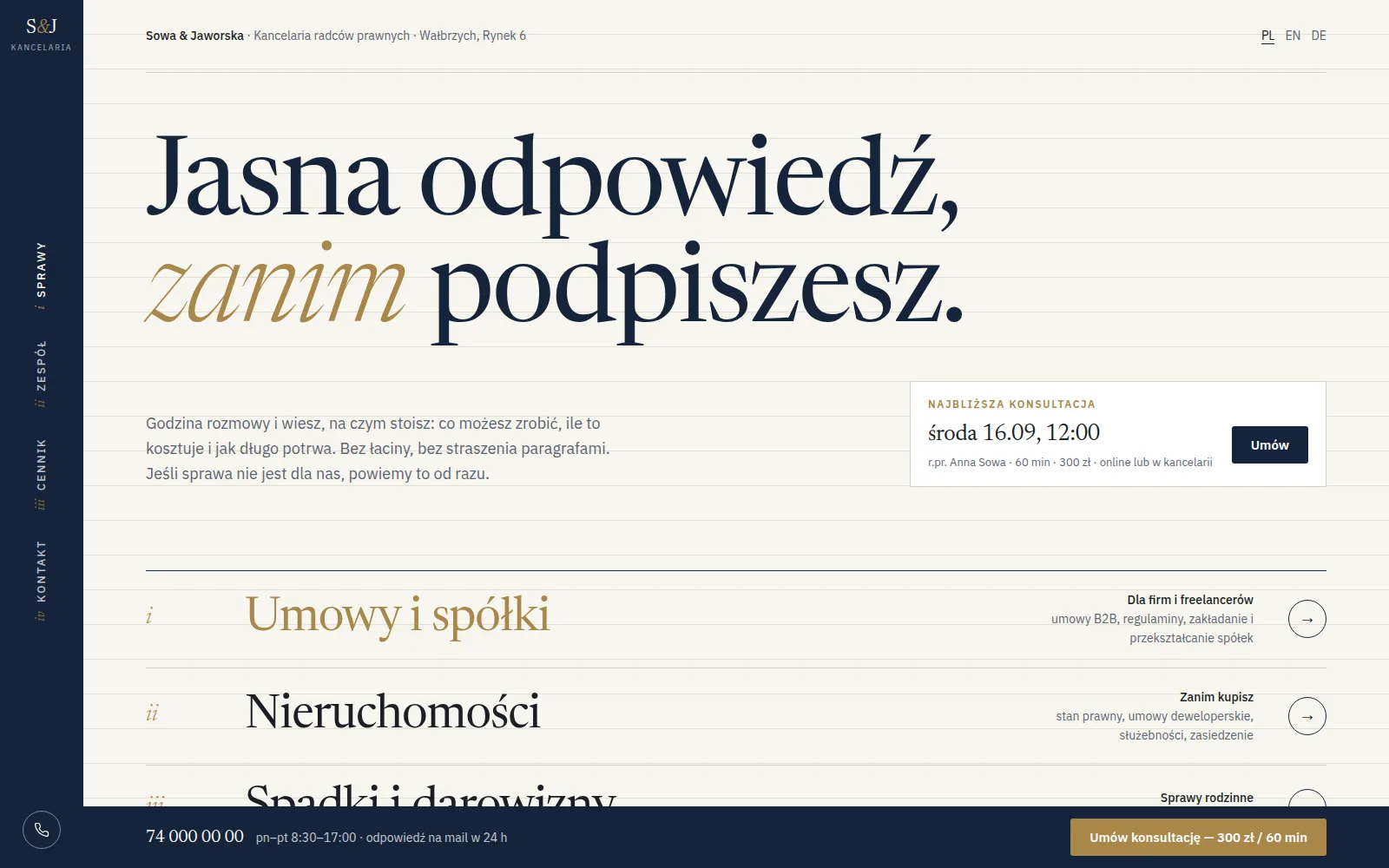 Koncepcja strony kancelarii: pionowa nawigacja, indeks spraw i najbliższy termin konsultacji